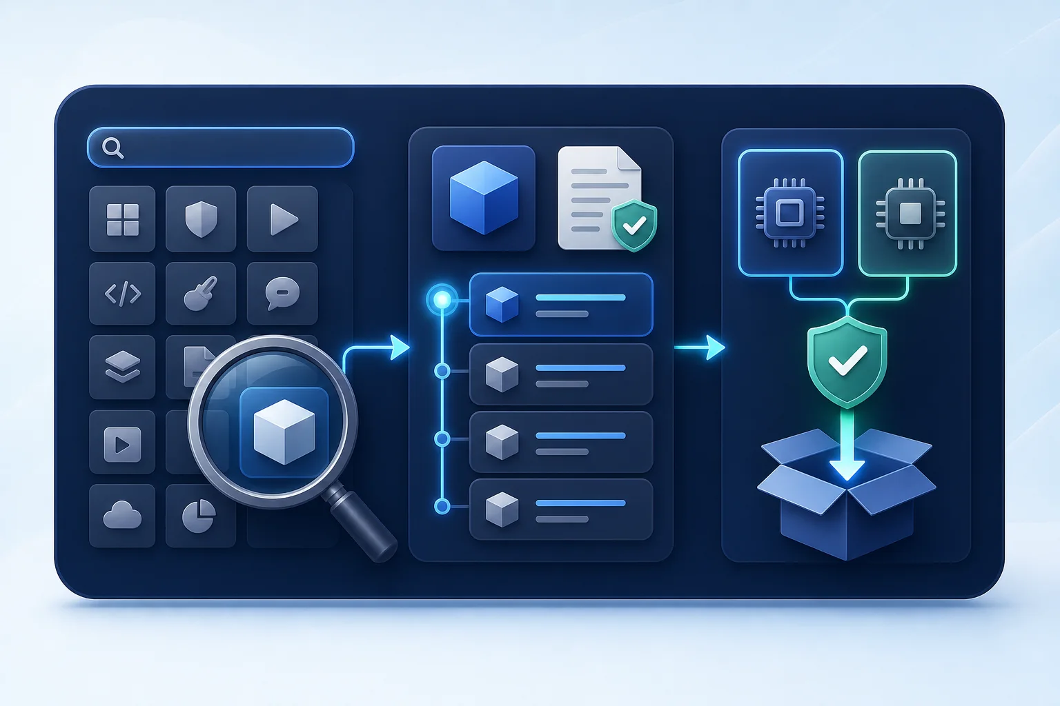Illustration of discovering Windows software, reviewing version and manifest information, choosing a processor architecture, and downloading a verified installer